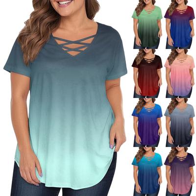Women's Fashion Casual Gradient Colour Printed V-Neck Short Sleeve Large Size T-Shirt Top