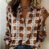 Women Satin Ethnic Abstract Feather Geometric Art Print Shirt Long Sleeve Lapel Button‑Down Blouse Trendy Casual Office Ladies Multi‑Color Top