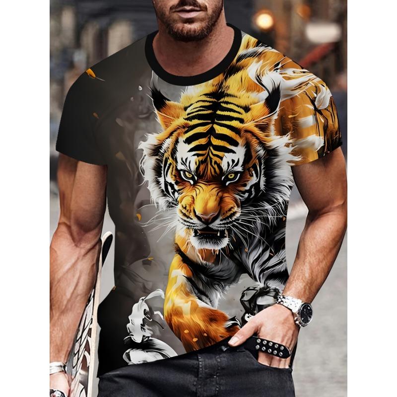 2026 Mens 3D Tiger Printed Short Sleeve Crew Neck T-Shirt Breathable Stretch Casual Fashion Tee  Party Weekend Wear Tops