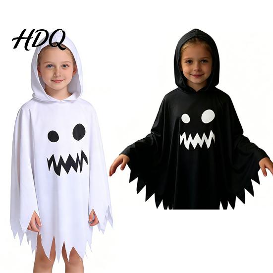 Halloween Ghost Cloak with Hood Loose Fit Irregular Hem Costume Parent Child Matching Outfits for Cosplay Party White Spooky Pullover Cape