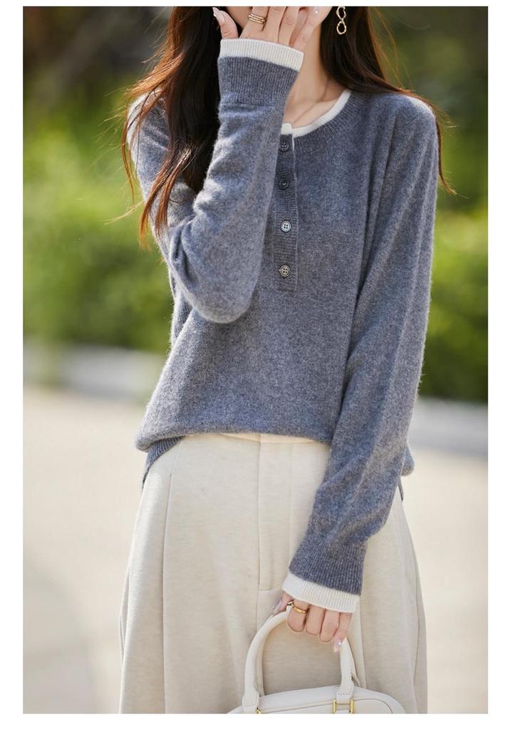 Women's Retro Color Block 100% Wool Round Neck Sweater - Slimming, Versatile, Stylish Knitwear for Autumn/Winter