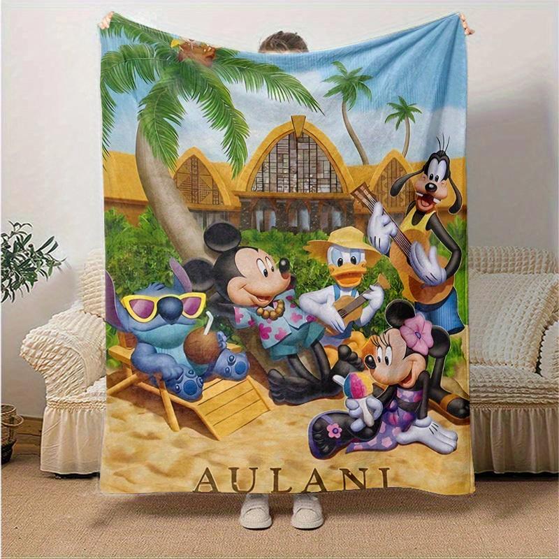 1pc Aulani Mickey Minnie Goofy Pluto Lilo Stitch Beach Blanket Home Decor, Couch Throw, Outdoor, Gift, Flannel, Bedroom, Living Room, Travel