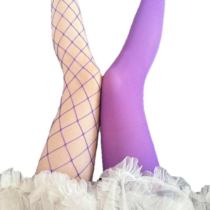 Yin Yang Fishnet Velvet Patchwork Tights - Black & White, Purple Color Block, JK Style, Pure Desire.