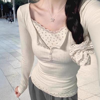 Spring Autumn Fake Two Pieces Lace Patchwork T-shirt Women Long Sleeve All-match Bottomed Tee Top