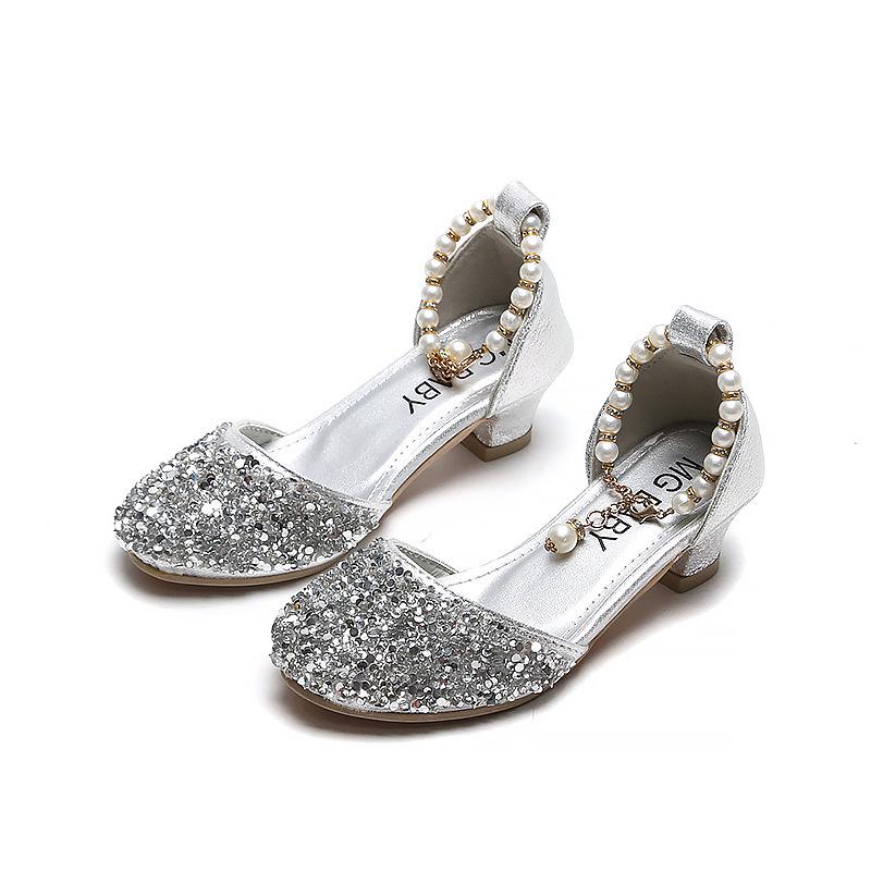 

2025 New Style Girls Pearl Sequin High Heel Soft Sole Leather Shoes 26-30 set of 5 pairs серебряный