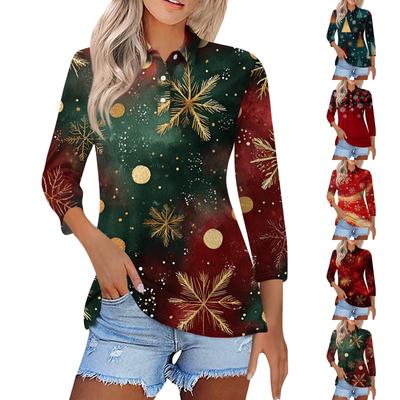 Women's Fashion Casual Lapel Short 3/4 Sleeve Christmas Print Shirt Women's Button Up Tops