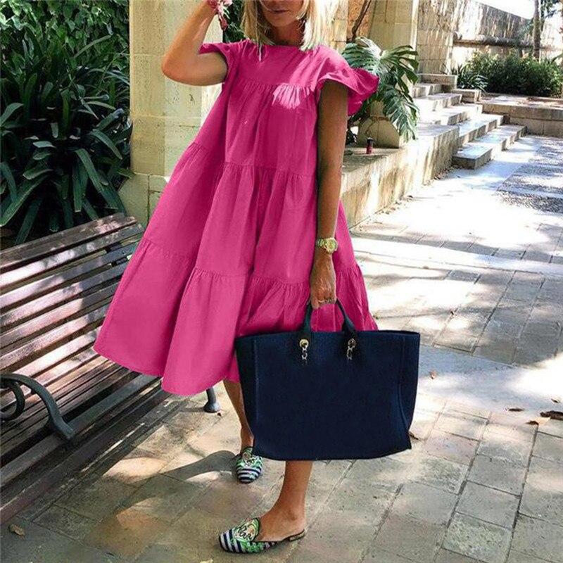 Women Dress Short Sleeve Pleated Long Dresses Fashion Bohemian Dress Solid Loose Summer Dresses