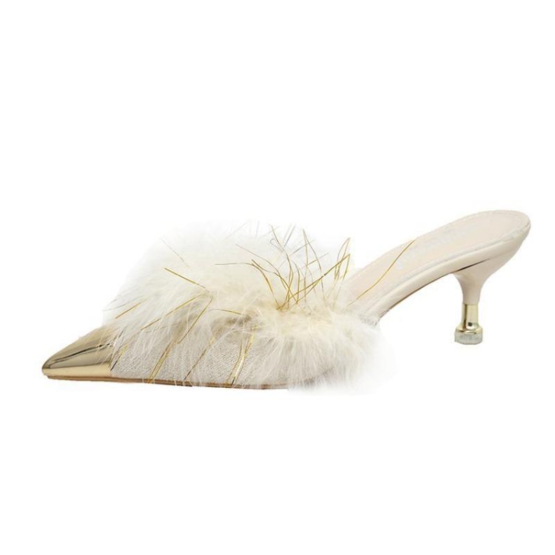 Fashion 2025 Summer Women Pump Feather Heels Simple Wind Mule Fashion Slippers Women's Slide Stiletto Heels Shoes for Women Heels