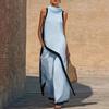 Women Color Block Cotton Linen Two-Piece Outfit Asymmetrical Hem Mock Neck Sleeveless Top Wide-Leg Pants Vacation Lounge Sets
