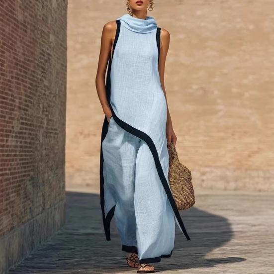 Women Color Block Cotton Linen Two-Piece Outfit Asymmetrical Hem Mock Neck Sleeveless Top Wide-Leg Pants Vacation Lounge Sets