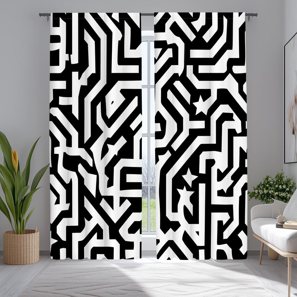 2pcs Classic Black and White Geometric Stripe Line Curtains, Soft Polyester Window Treatments for Living Room Decor
