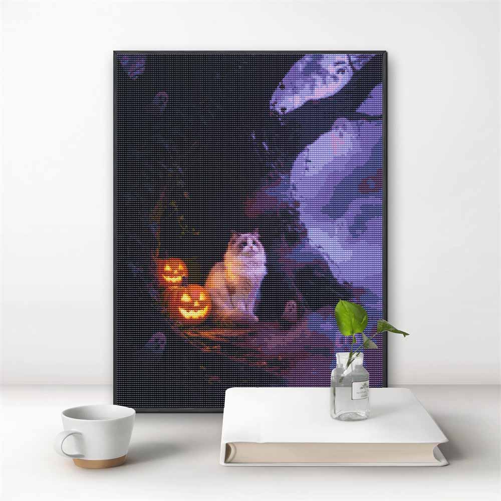 Full Drill Diamond Painting Kit Spooky Cat Pumpkin Design DIY 5D Rhinestone Art Canvas for Room Decoration Gift