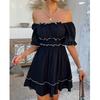 Women's Casual  Loose Black Fungus Edge Short Sleeved Dress Short Skirt  Short Skirt