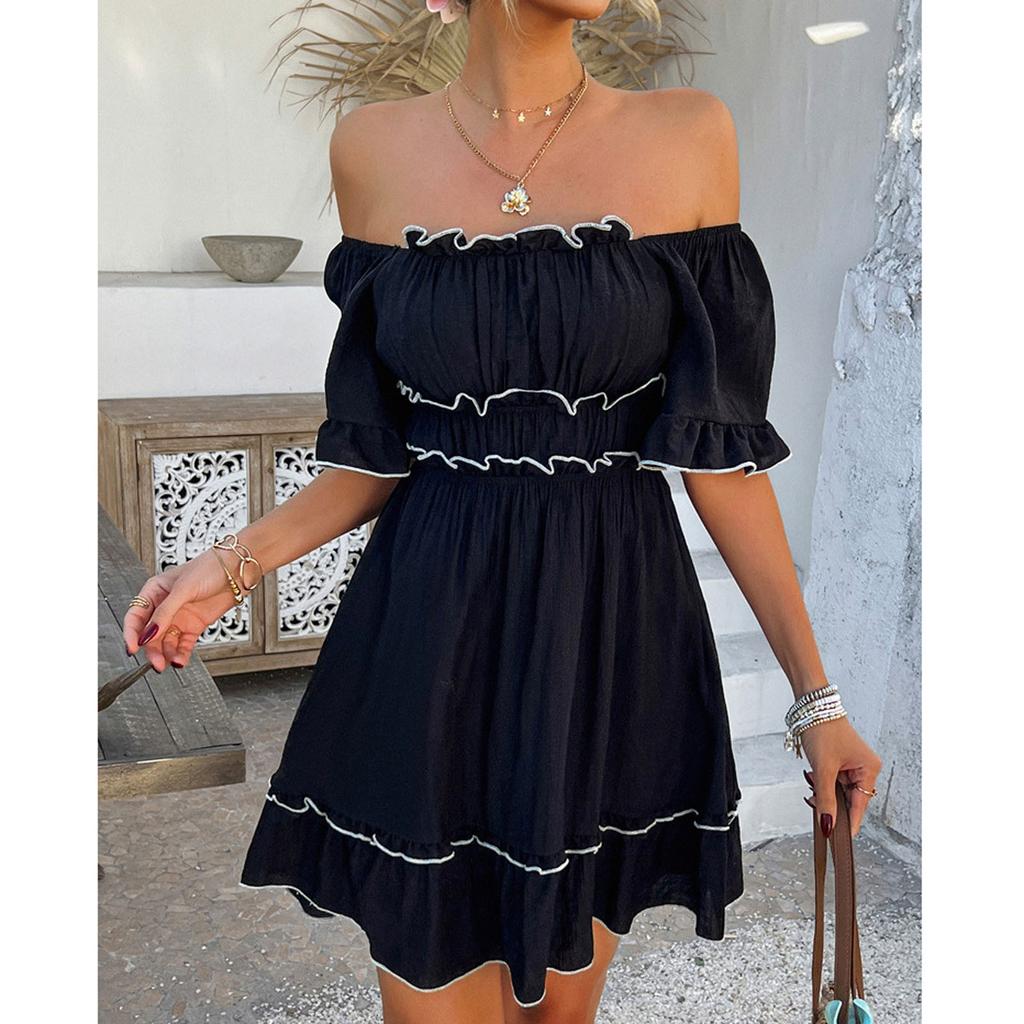 Women's Casual  Loose Black Fungus Edge Short Sleeved Dress Short Skirt  Short Skirt