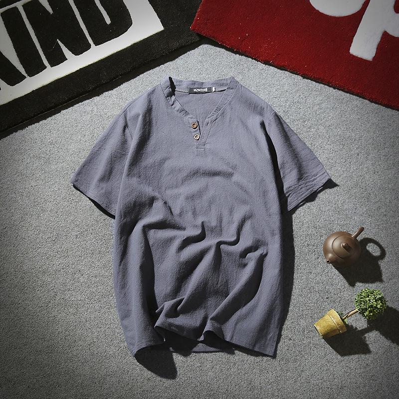 Men's Summer 2022 Cotton Linen Two-Button Short Sleeve T-Shirt - Soft & Breathable
