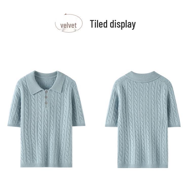 Women's Cable Knit Cashmere Short Sleeve Polo Sweater