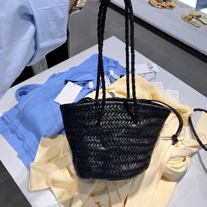 New Summer Hand-held Vegetable Basket, French Retro PU Leather Hand Woven Bag, Water Bucket Bag