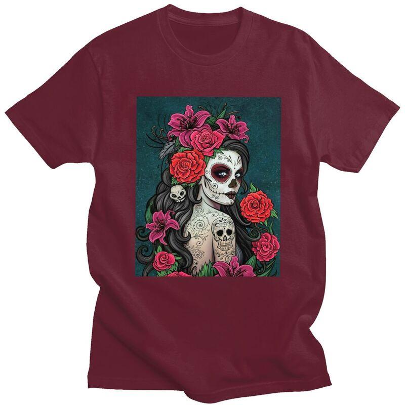 Custom Mexican Catrina Sugar Skull Lady Tshirts for Men Short Sleeve Casual T Shirt Tshirt Pure Cotton Tee Gift