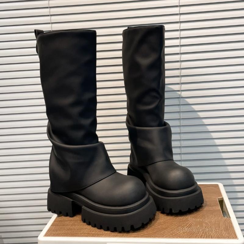 

Модная женская высокая обувь Платформа Массивные ботильоны Плиссированные Дизайнерские 2025 Зимняя Новая Обувь До колена Челси Готическая Мода Ботильоны Женские 40