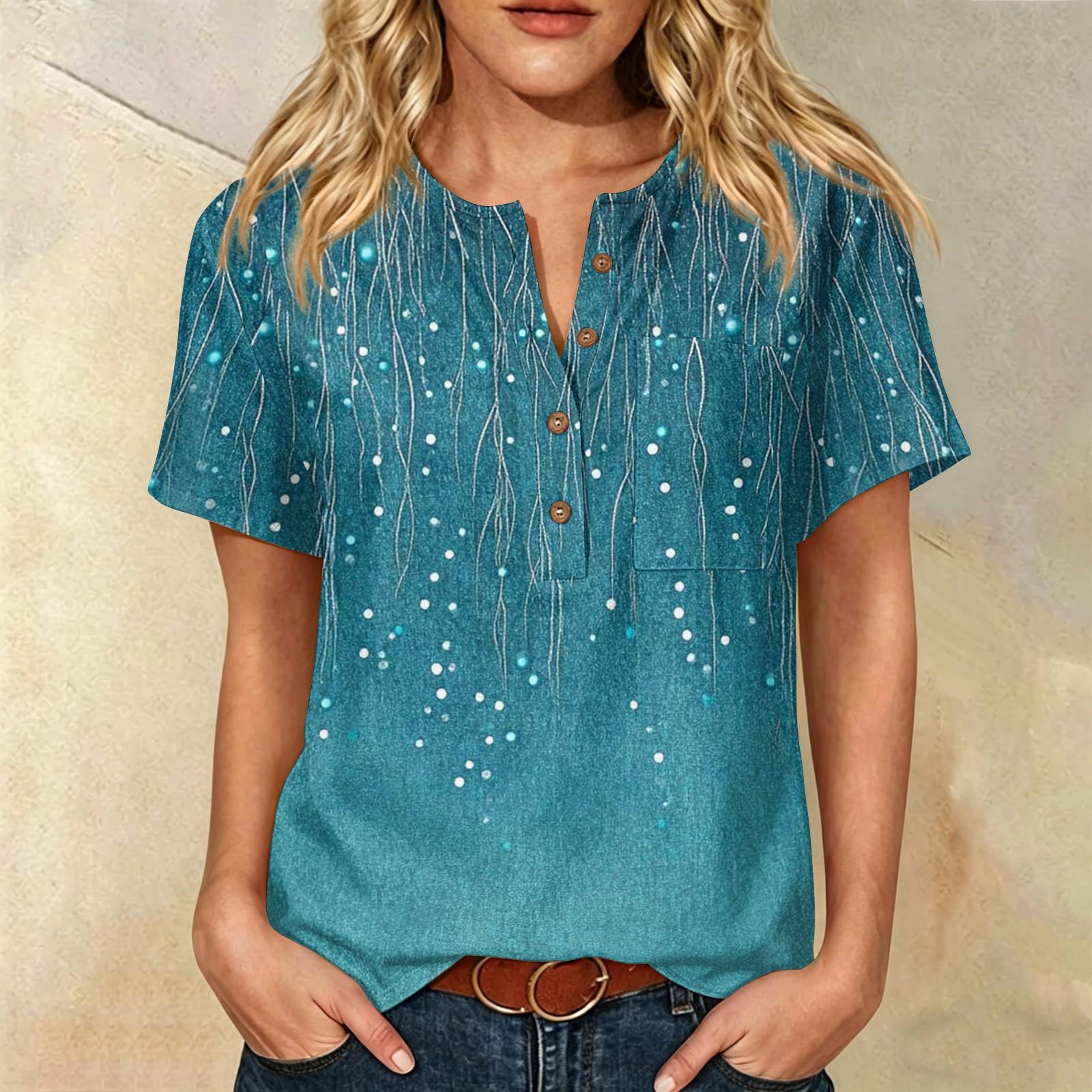

Women’s Floral Print Cotton Linen Short Sleeve Henley Shirt with Chest Pocket Casual Loose Fit Button Neck Top L