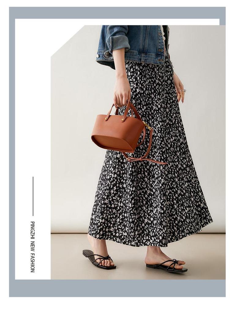 French Floral High-End Black Midi Skirt - Spring/Summer Vacation Style