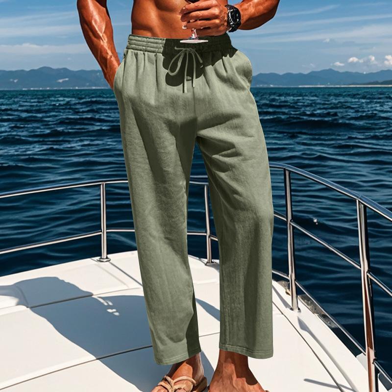 Men's Beige Textured Linen Blend Beach Pants, Casual Drawstring Elastic Waist Loose Fit Trousers