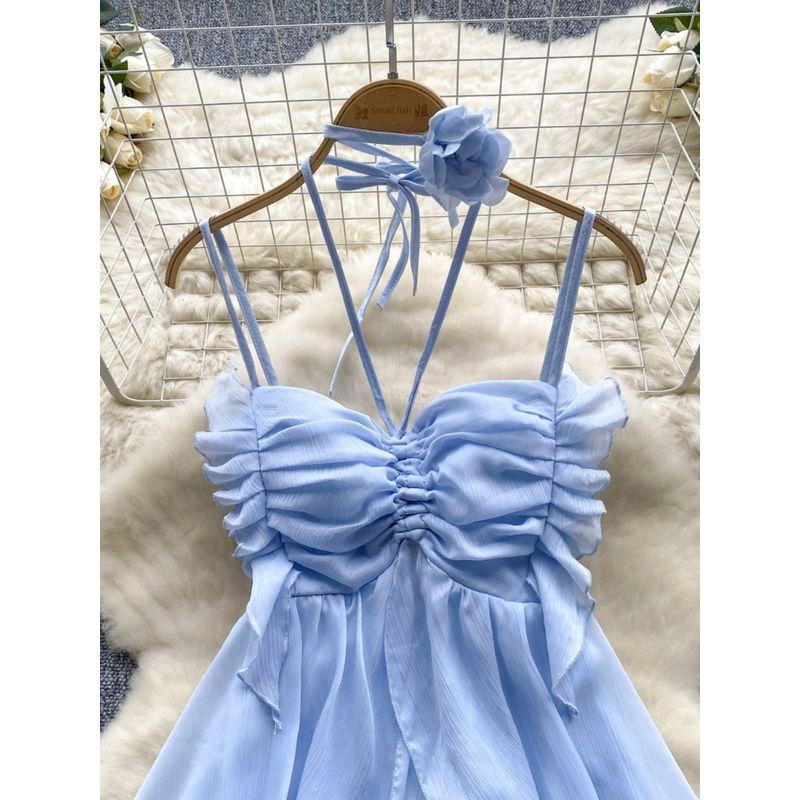 Pure Desire Style Sling Dress Women's Summer Wear New Design Sense Pleated Tube Top Halterneck Waist-Tight Asymmetrical Chiffon Dress