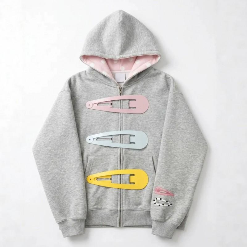 2026 Fall Winter Y2K Cute Cool Hair Clip Hooded Sweatshirt Women Street Loose Zip Jacket