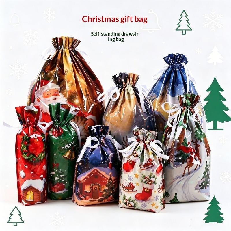 Christmas Drawstring Gift Bags with Assorted Festive Patterns Self Standing for Home Xmas Party Treat Packing