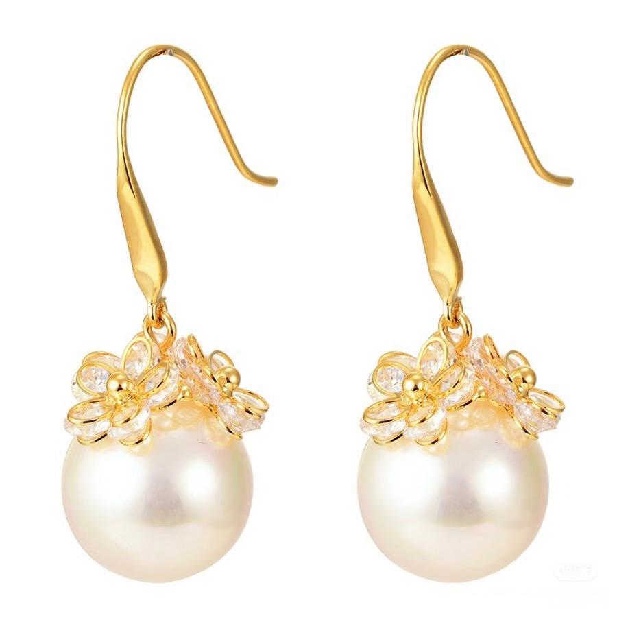 

[Beads Falling Flowers] Retro And Modern Charm Bright Beads 14Mm Light Luxury Earrings Inlaid With Zirconium Jewelry золотий