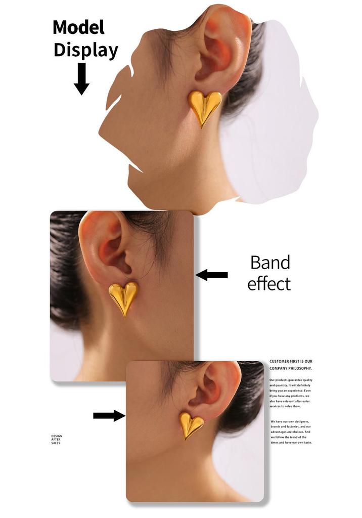 18k Gold Plated Geometric Heart Stud Earrings, Titanium Steel, Versatile Fashion Jewelry