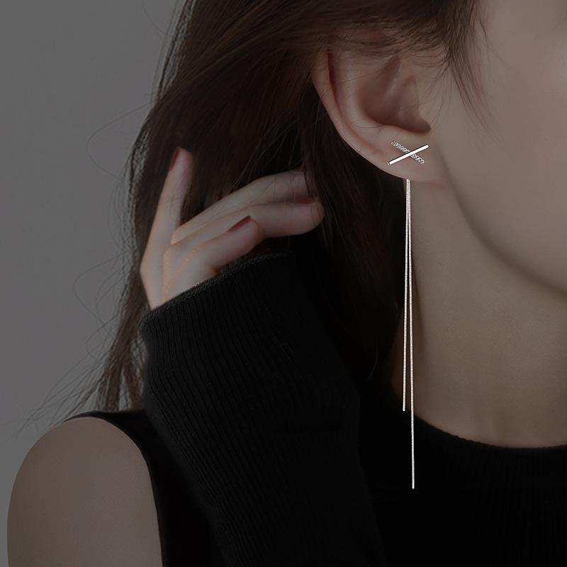 

Серьги с двумя модификациями для лица, серебряные длинные кисточки, простой темпераментный нишевый дизайн