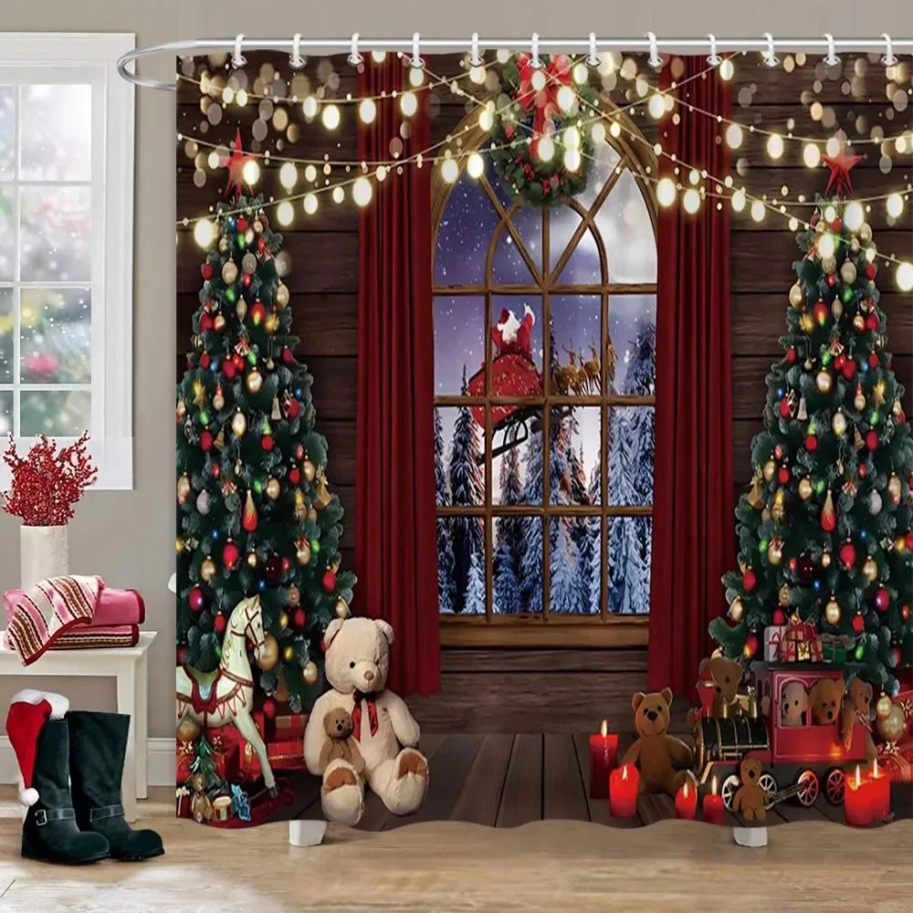 Weihnachtsparty Duschvorhänge Kamin Weihnachtsbaum und Geschenke Schneemann Schneeszene Waschbarer Duschvorhang Kunst Badezimmer Dec