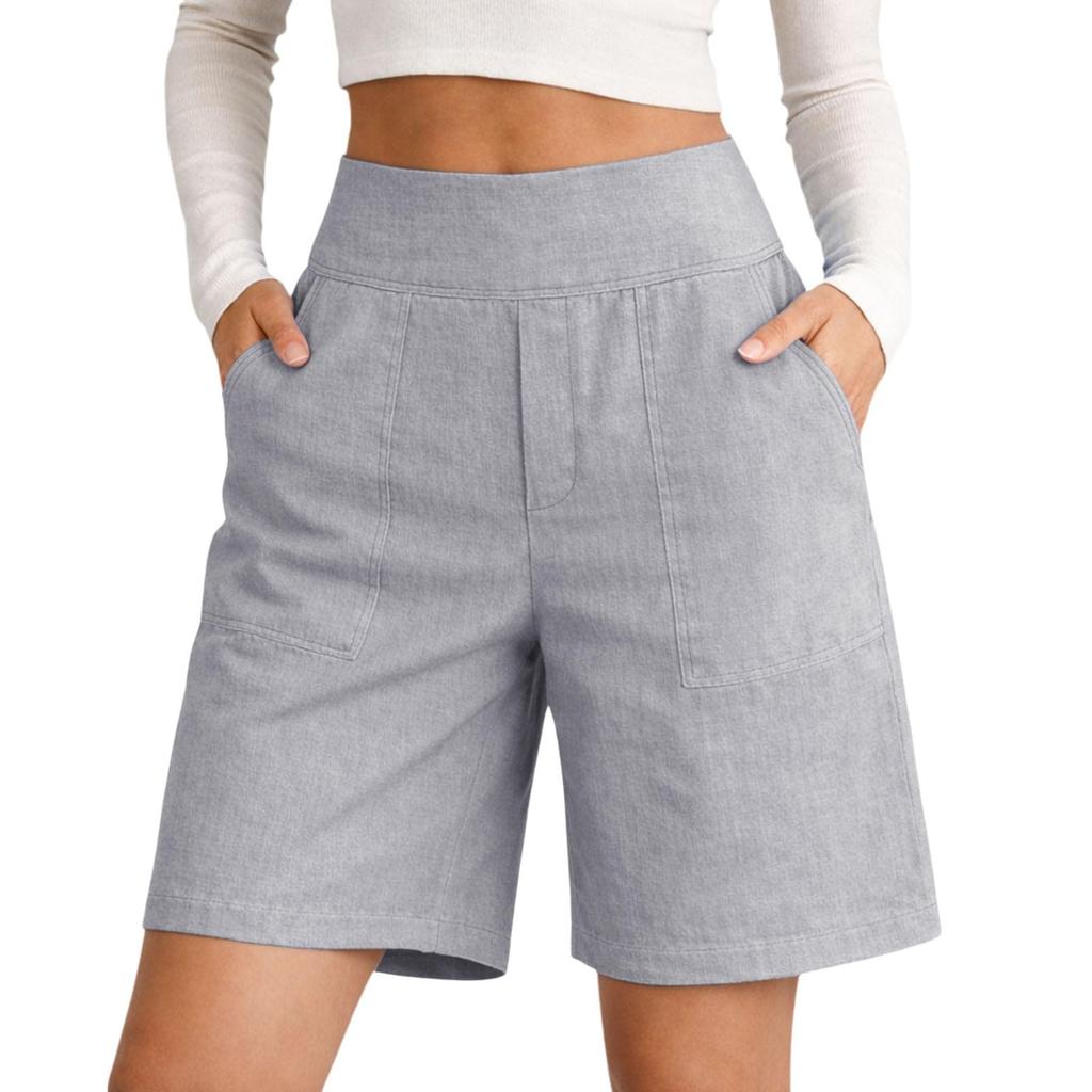 Damen Farbe Baumwolle Leinen Lässig Taille Shorts Mit Taschen Und Dreiviertelshorts