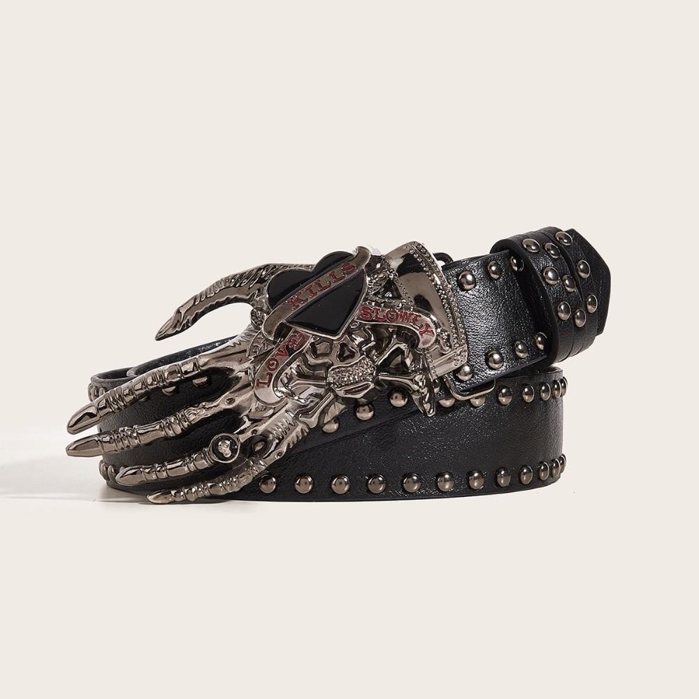 American Punk Skull Rivet Belt Skeleton PU Leather Waistbands Fashion Love Hand Palm Belt  Daily