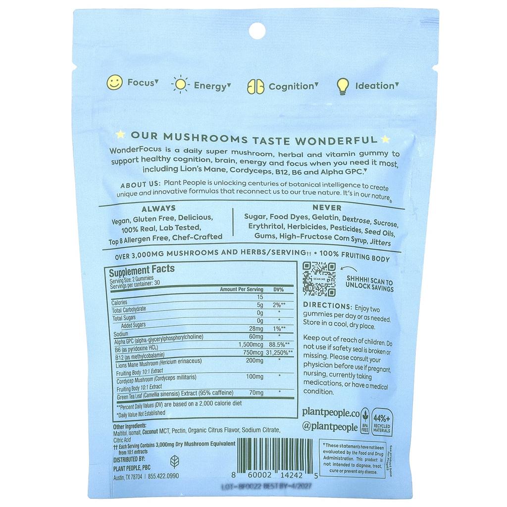 Plant People, wonderFocus®, Pilzgummis, saftige Zitrusfrüchte, 60 Gummis