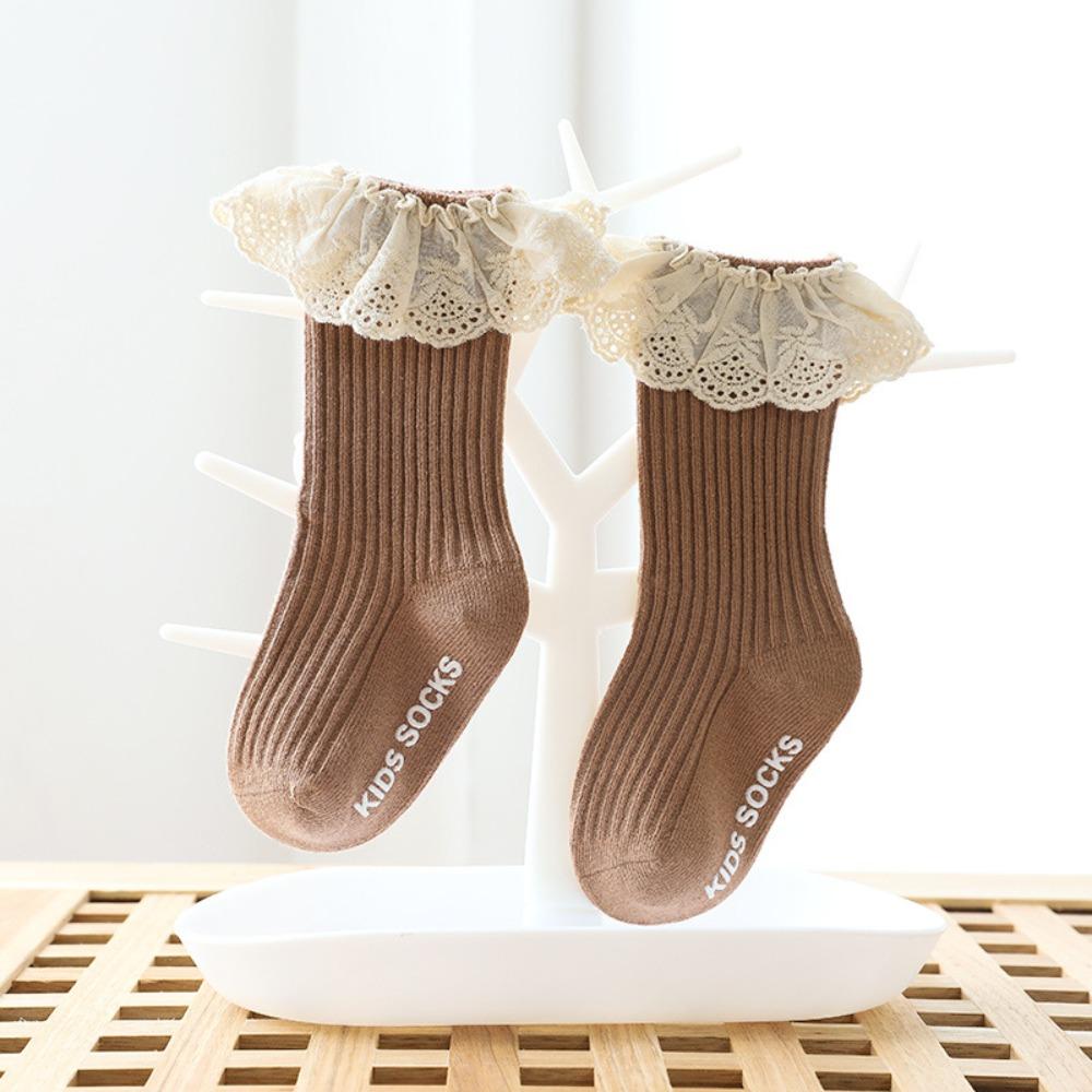 Non Slip Dots Kids Mid Calf Socks Lace Trim Girls Socks Cute Baby Socks Toddler Walking