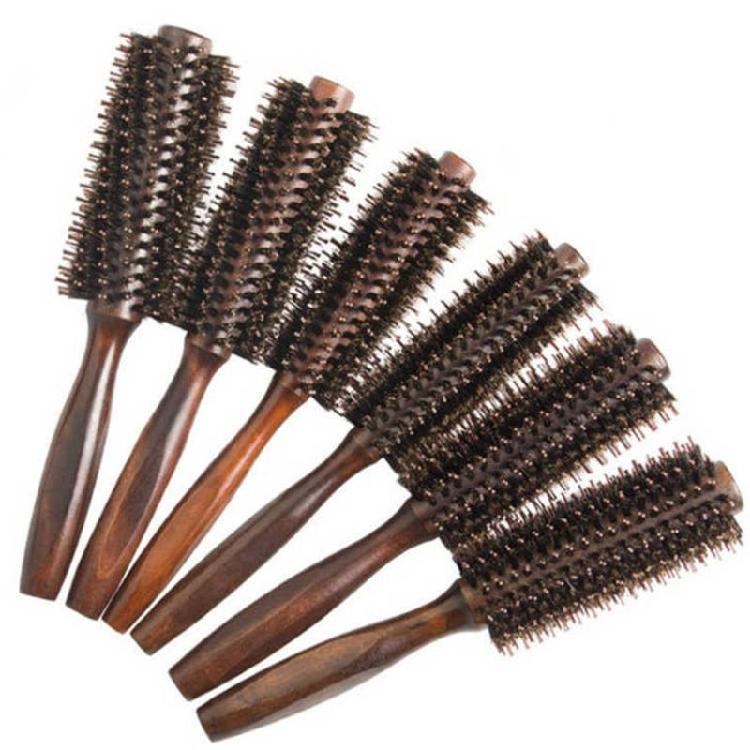 Straight Twill Boar Bristle Hair Round Brush Wood Handle Rolling Styling Comb