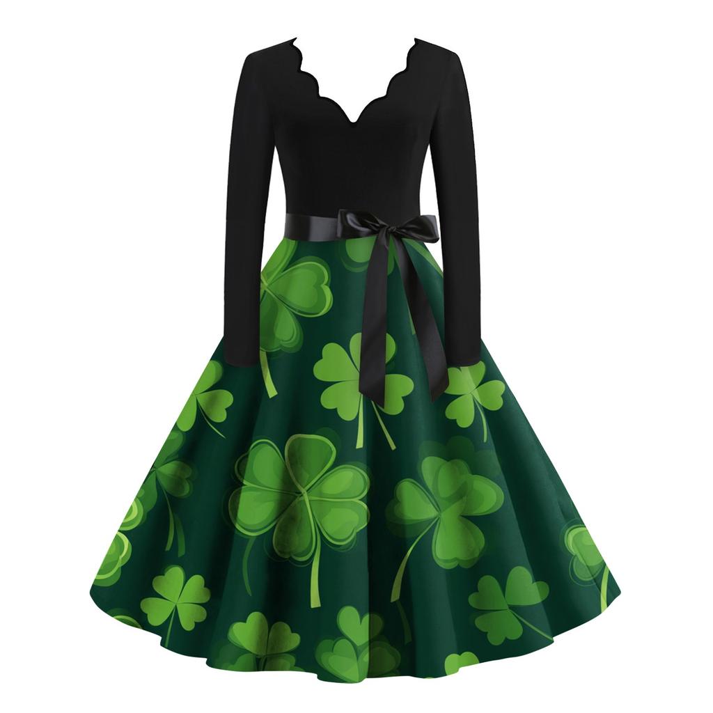 Women's Casual Fashion V-Neck Long Sleeve Printed Vintage Dresses