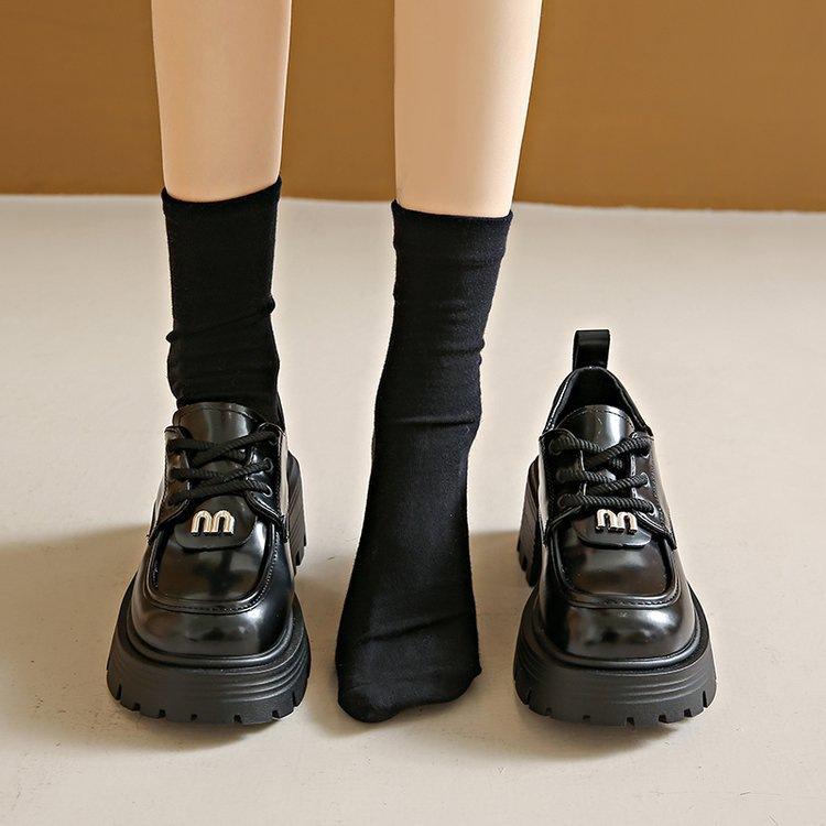 2025 autumn British small leather shoes women's new versatile platform heightening loafers high-end lace-up medium heel single shoes
