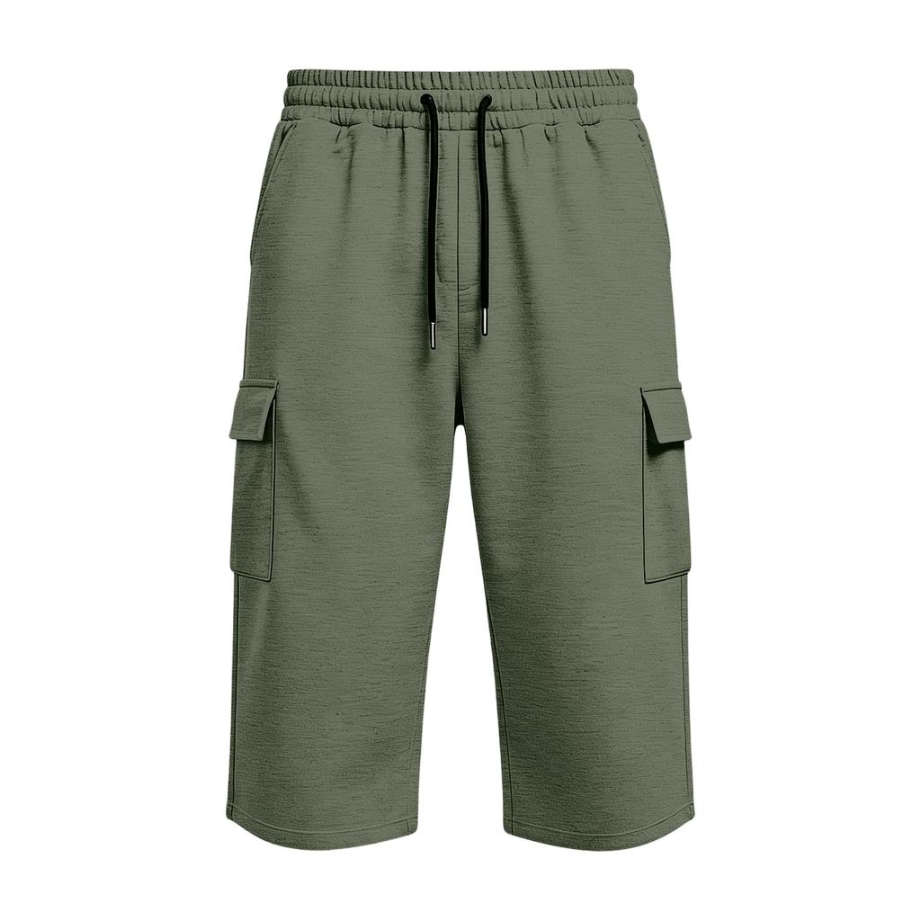 Men Loose Fit Knee Length Cargo Shorts with Elastic Waistband Drawstring and Large Side Pockets for Daily Wear