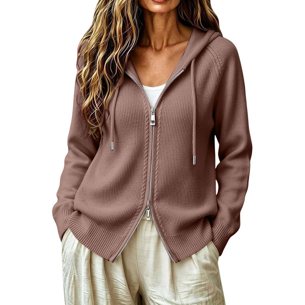 Women's Zip-Up Hooded Knit Cardigan Top for Layering