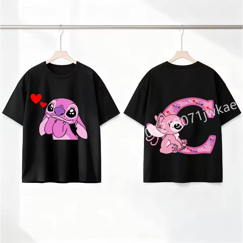 Stitch Angel Letter A-Z Cartoon Black Kids Pink T Shirt Summer Cute Boys and Girls Short-Sleeve Top Casual Breathable Clothing