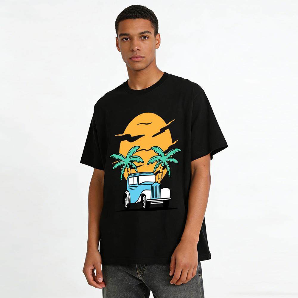 Vintage Classic Car Coconut Tree Sunset Print Casual T-Shirt Pure Cotton T-shirt
