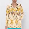 Women Plus Size Dark Blue Printed Nurse Scrub Top V Neck Long Sleeve With Pockets