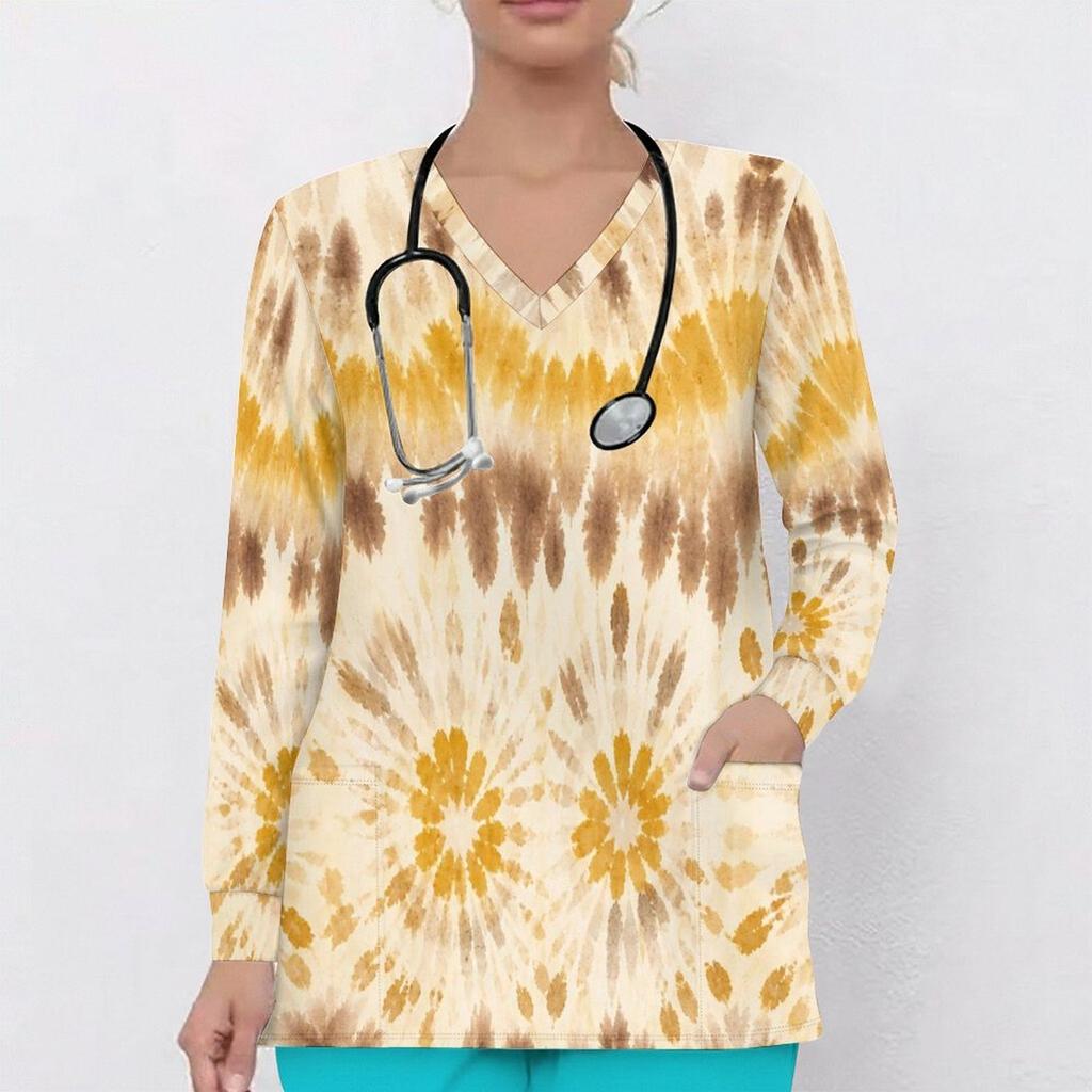 Women Plus Size Dark Blue Printed Nurse Scrub Top V Neck Long Sleeve With Pockets