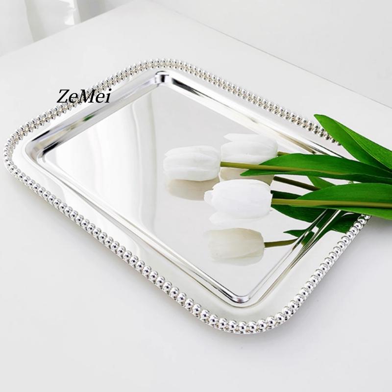 European Style Square Shape Fruit Plate,36 cm Pearl Dot Silver Metal Cake Plate Home Food Tray, Snack Disc Table Decoration