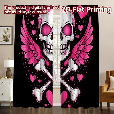 2D FLAT PRINTING 2pcs Curtains (Without Rod) Valentine's Skull with Hearts Popular Curtain Fabric Yarn Curtains Easter