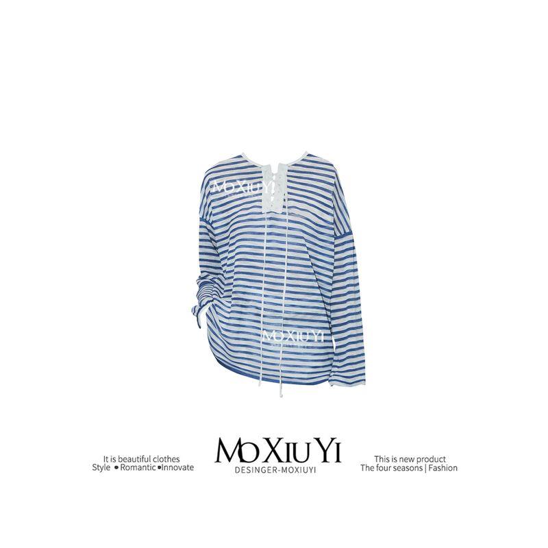 

Moxiuy [Ready Stock] 2026Ss Summer Vacation French Striped Knit Sunscreen Breathable Long Sleeve T-Shirt Top Clear Sky Blue S