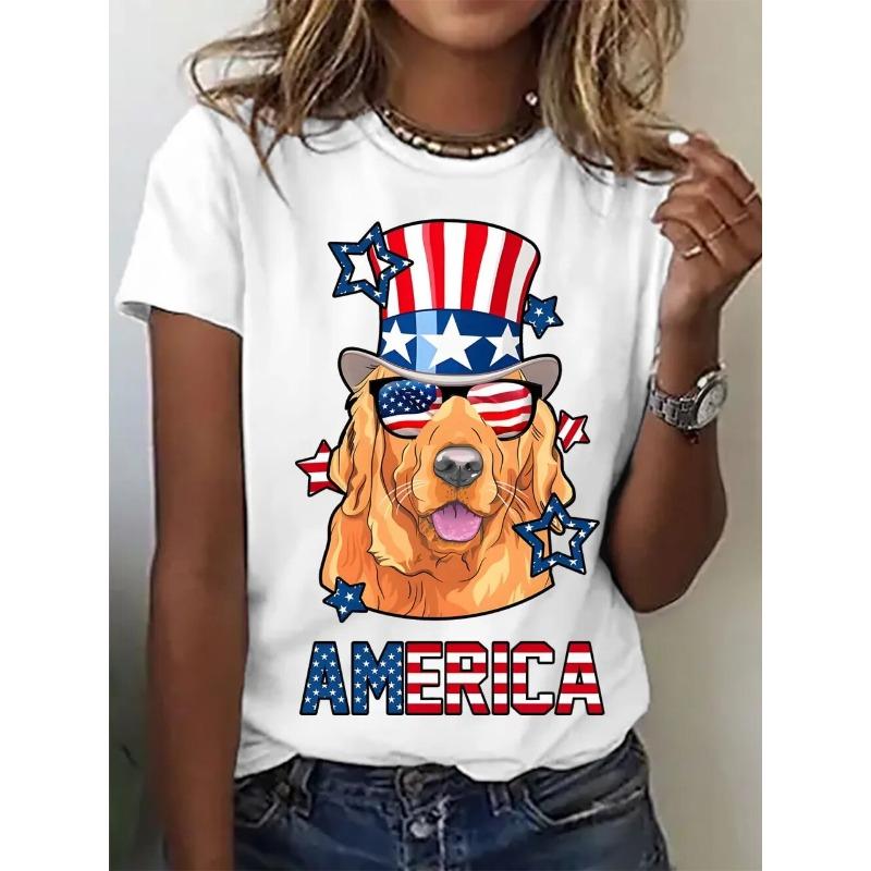 Women's T-Shirt Golden Retriever American Flag Hat Printing Fashion Casual Street Round Neck Oversized Summer Women's Clothing